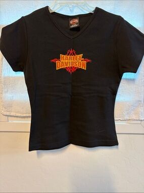 Harley-Davidson Seattle WA Black Womens Short Sleeve Tee with Red & Yellow Logo